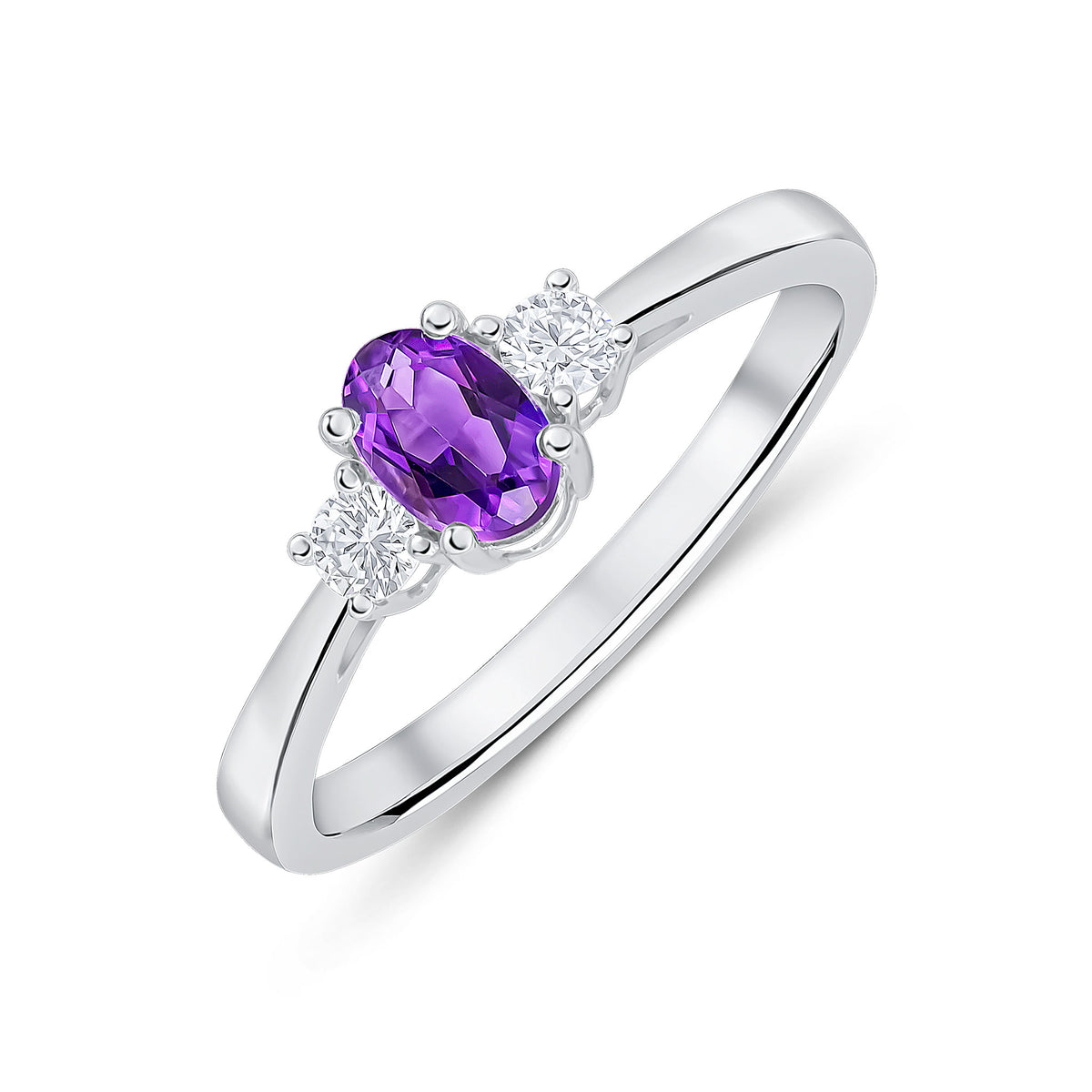 9CT WG 6X4 OVAL AMETHYST AND ROUND DIAMOND CLAW SET 3ST RING