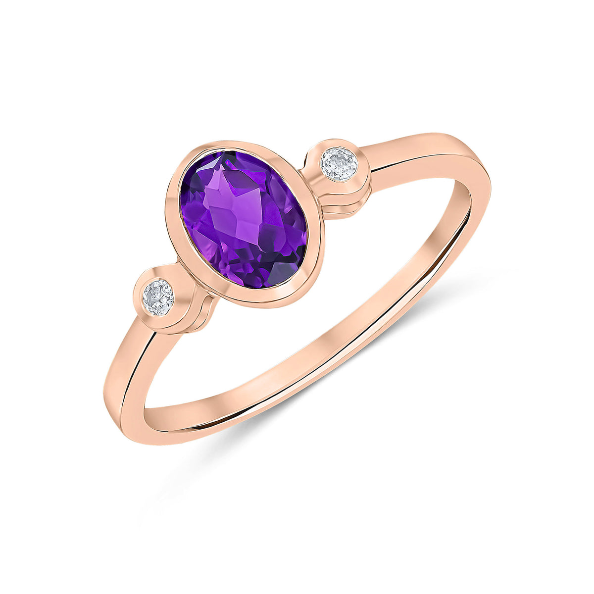 9CT ROSE GOLD OVAL AMETHYST AND ROUND DIAMOND 3ST RUBOVER RING RHODIUM TO DIAMONDS