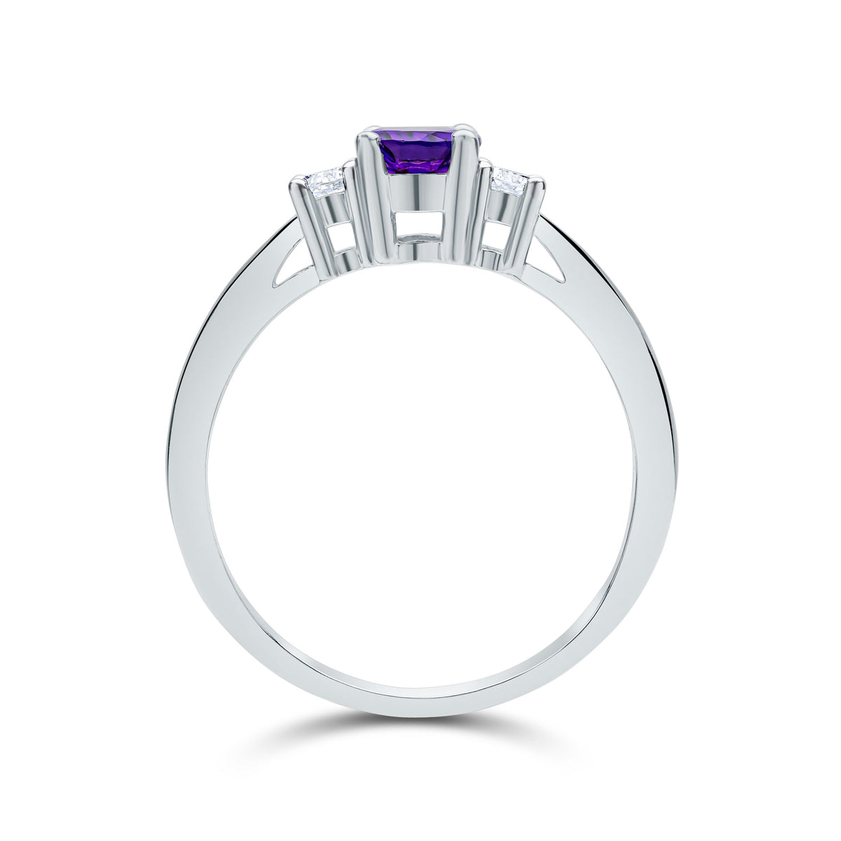 9CT WG 7X5 OVAL AMETHYST AND ROUND DIAMOND CLAW SET 3ST RING