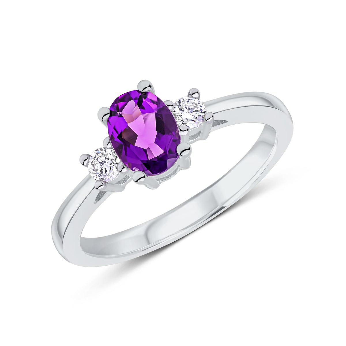 9CT WG 7X5 OVAL AMETHYST AND ROUND DIAMOND CLAW SET 3ST RING