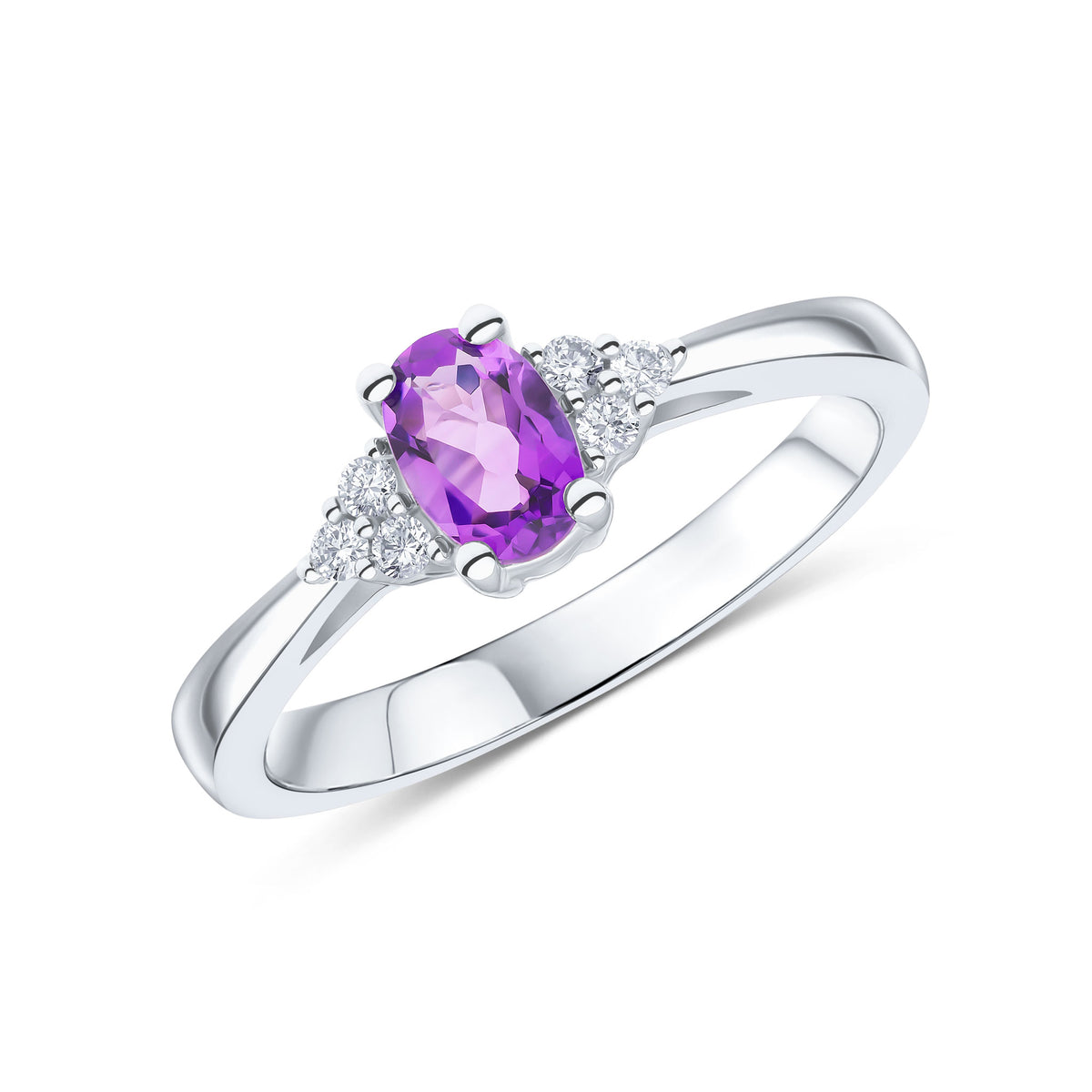 9CT WG 6X4 OVAL AMETHYST AND ROUND DIAMOND TREFOIL SHOULDERS RING
