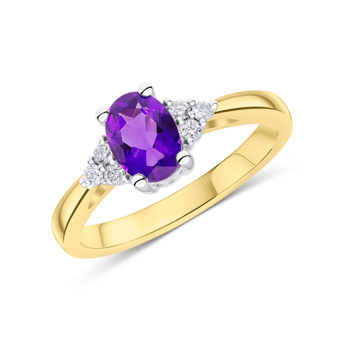 9CT YWG 7X5 OVAL AMETHYST & DIAMOND TREFOIL SHOULDERS RING