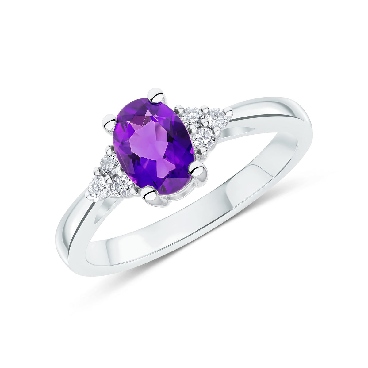 9CT WG 7X5 OVAL AMETHYST & DIAMOND TREFOIL SHOULDERS RING