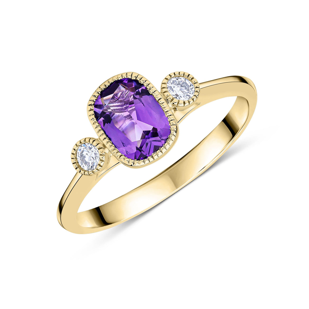 9CT YG 7X5 CUSHION AMETHYST & ROUND DIAMOND MILLEGRAIN SET 3ST RING