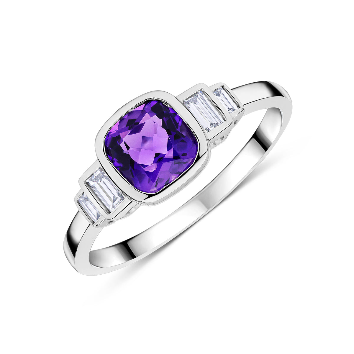 9CT WG 6MM CUSHION AMETHYST & BAGUETTE DIAMOND 2ST STEPPED SHOULDERS RING