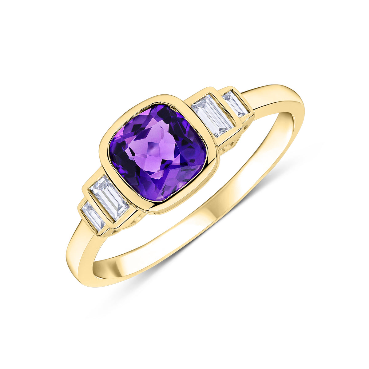 9CT YG 6MM CUSHION AMETHYST & BAGUETTE DIAMOND 2ST STEPPED SHOULDERS RING