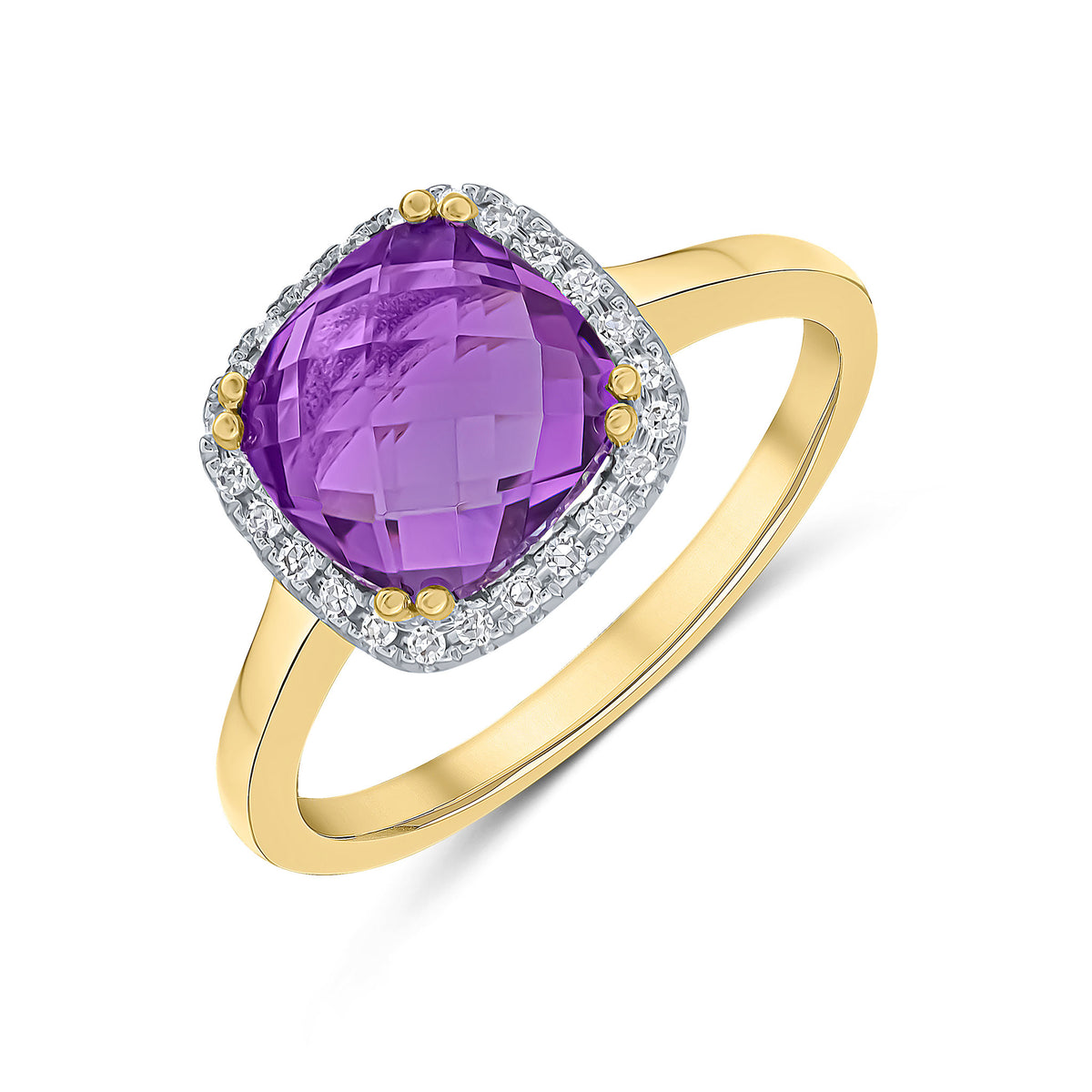 9CT YG 8MM CUSHION CHECKERBOARD CUT AMETHYST AND ROUND DIAMOND CLAW SET CLUSTER RING