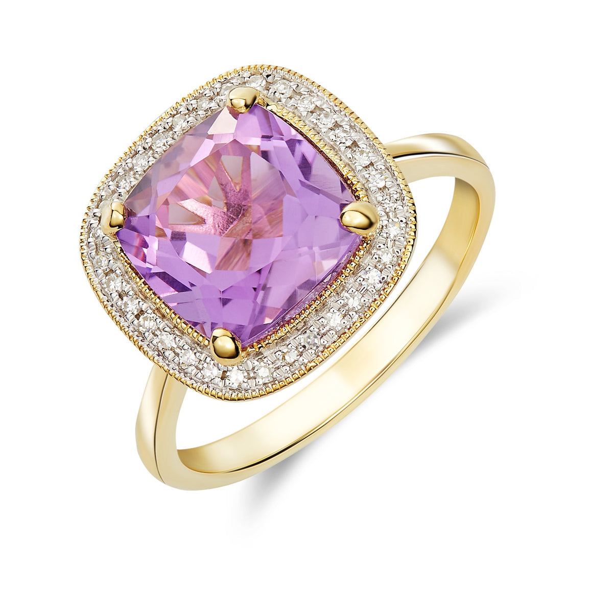 9CT YG CLAW SET 9MM CUSHION AMETHYST AND MILLEGRAIN ROUND DIAMOND SET CLUSTER RING