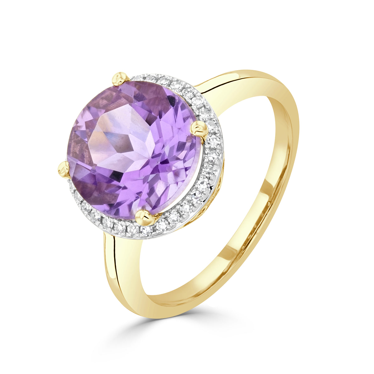 9CT YELLOW GOLD 10MM ROUND AMETHYST & DIAMOND CLUSTER RING