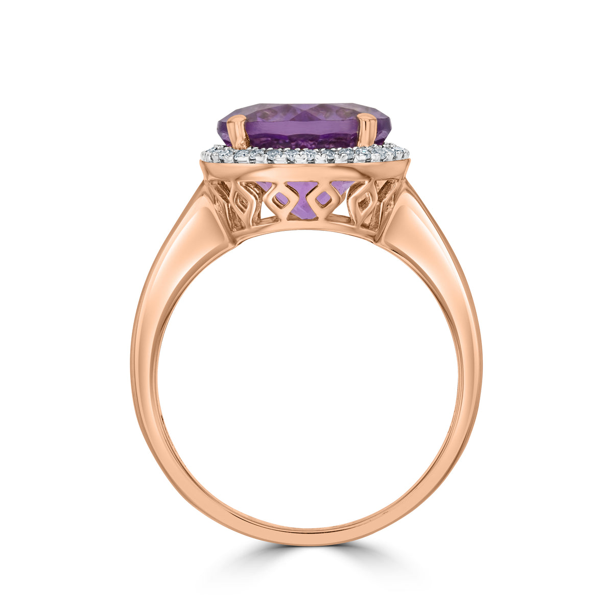 9CT ROSE GOLD 10MM ROUND AMETHYST & DIAMOND CLUSTER RING. RHODIUM TO DIAMONDS
