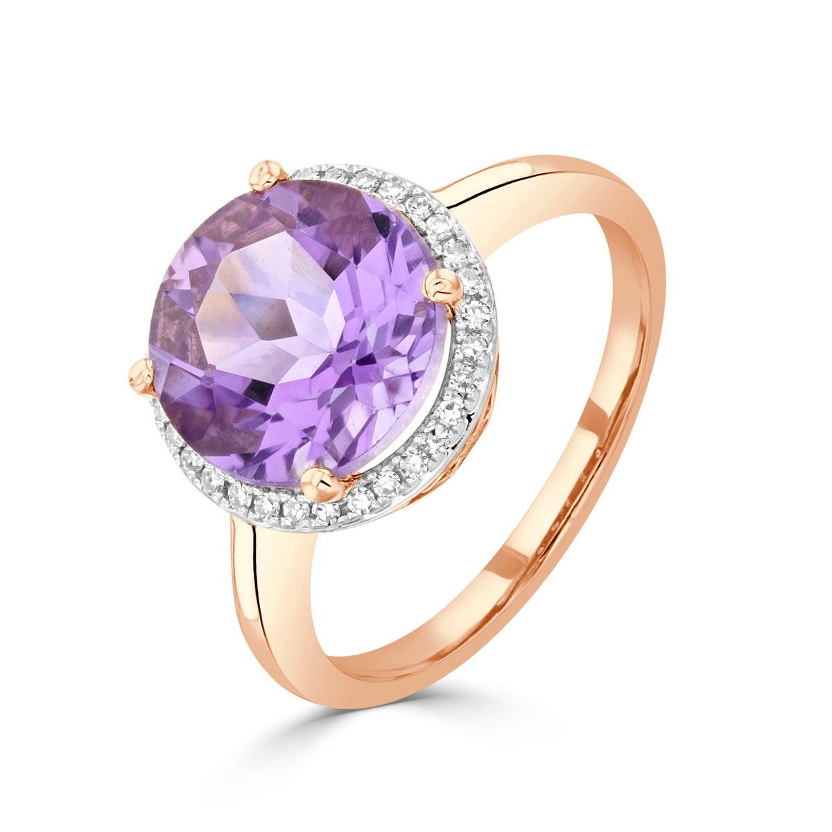 9CT ROSE GOLD 10MM ROUND AMETHYST & DIAMOND CLUSTER RING. RHODIUM TO DIAMONDS