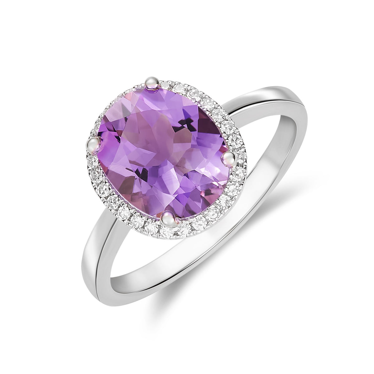 9CT WG 10X8 OVAL AMETHYST & DIAMOND CLAW SET CLUSTER RING