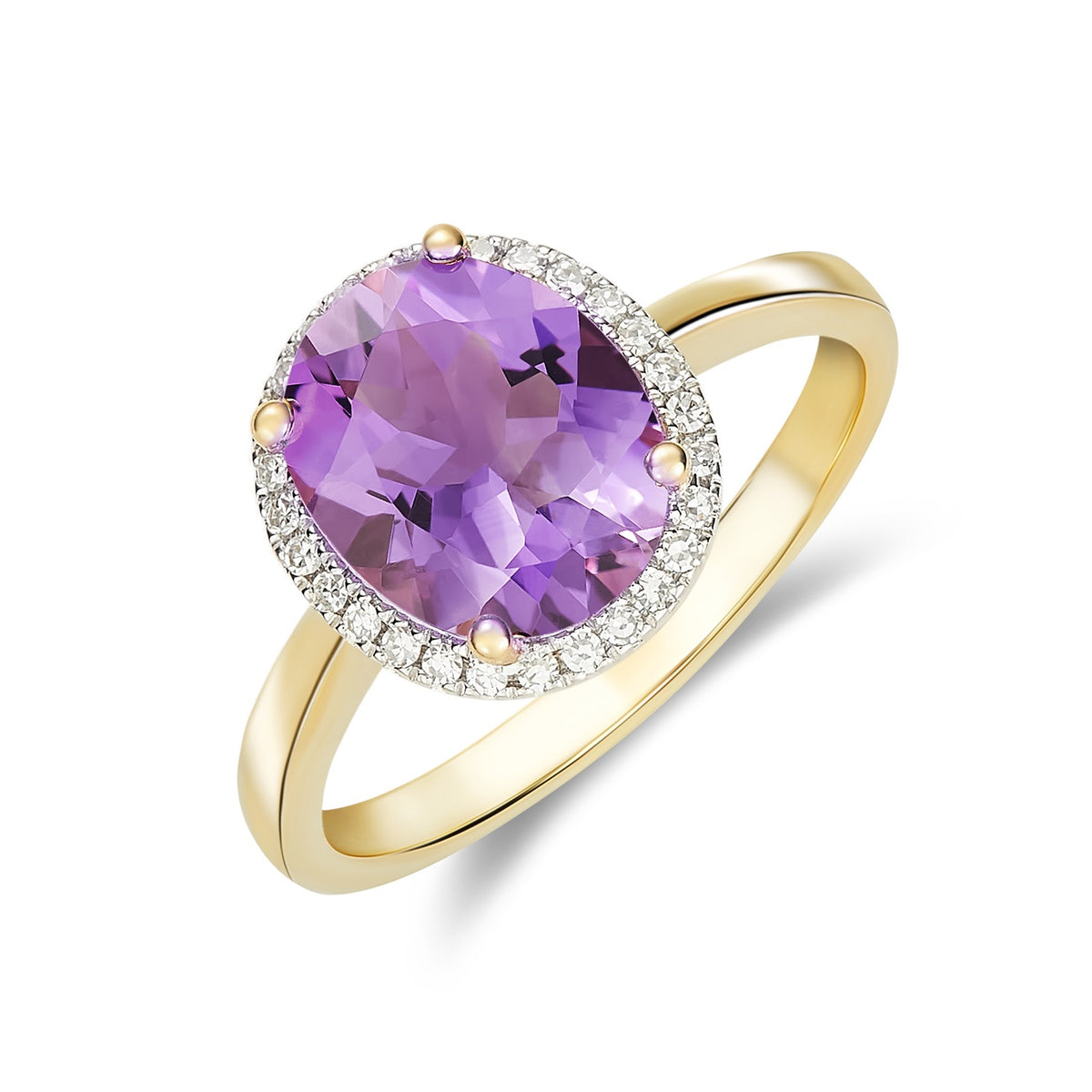 9CT YG 10X8 OVAL AMETHYST & DIAMOND CLAW SET CLUSTER RING. RHODIUM TO DIAMONDS