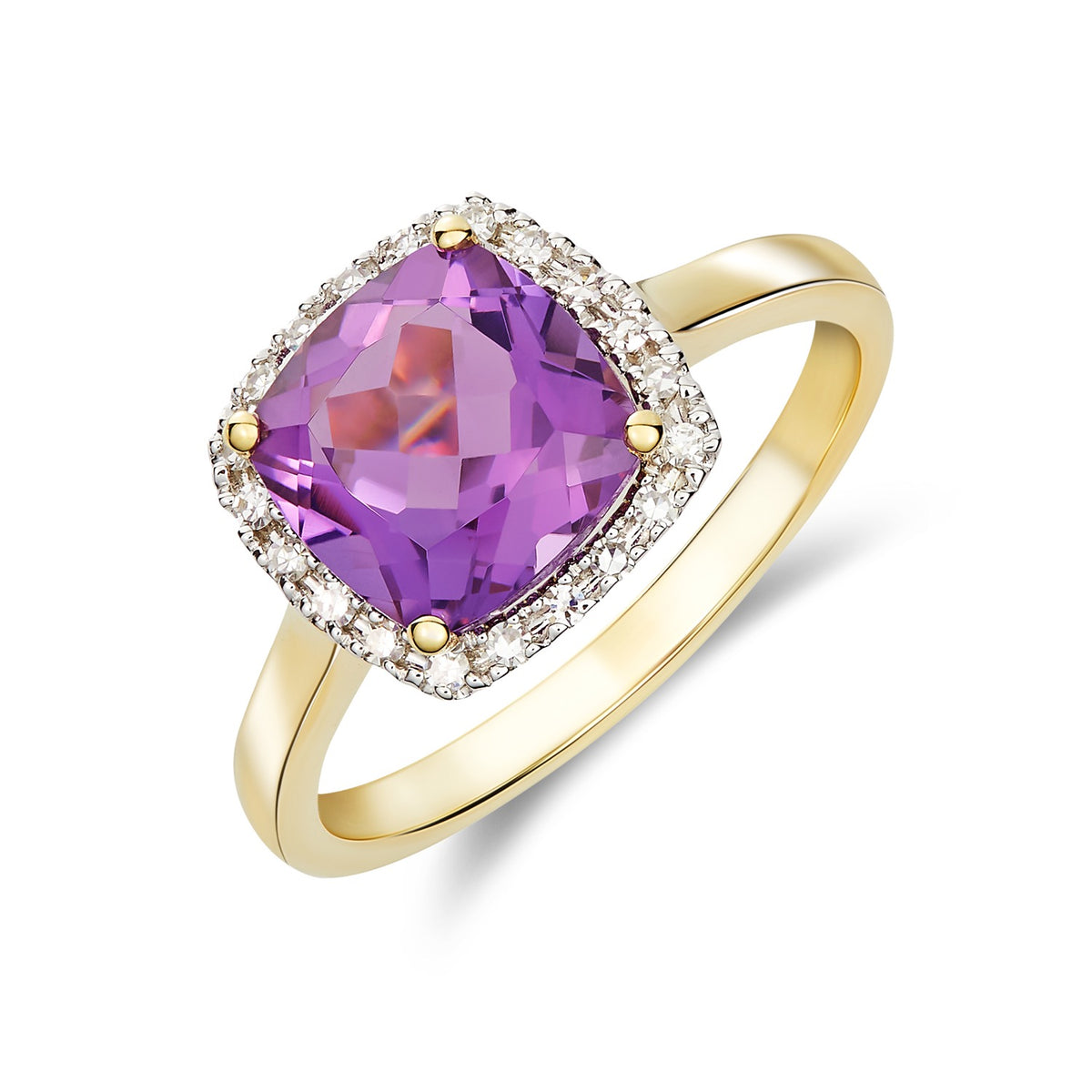 9CT YG 8MM CUSHION AMETHYST AND ROUND DIAMOND CLAW SET CLUSTER RING. RHODIUM TO DIAMONDS