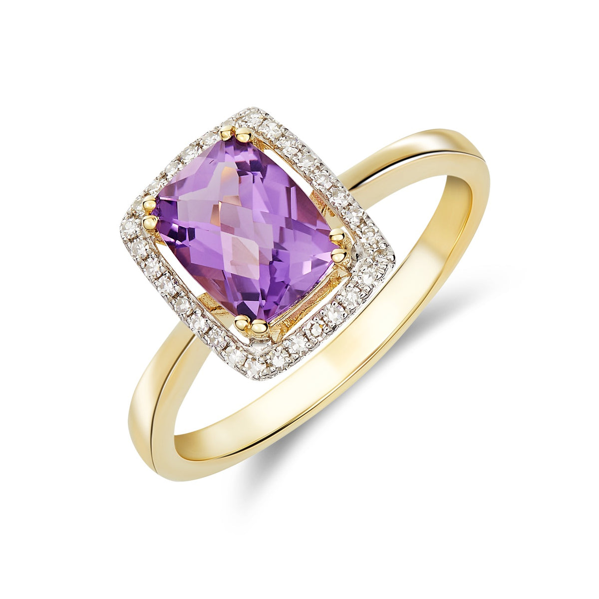 9CT YG 8X6 CUSHION CHECKERBOARD CUT AMETHYST & DIAMOND HALO CLUSTER RING. RHODIUM TO DIAMONDS