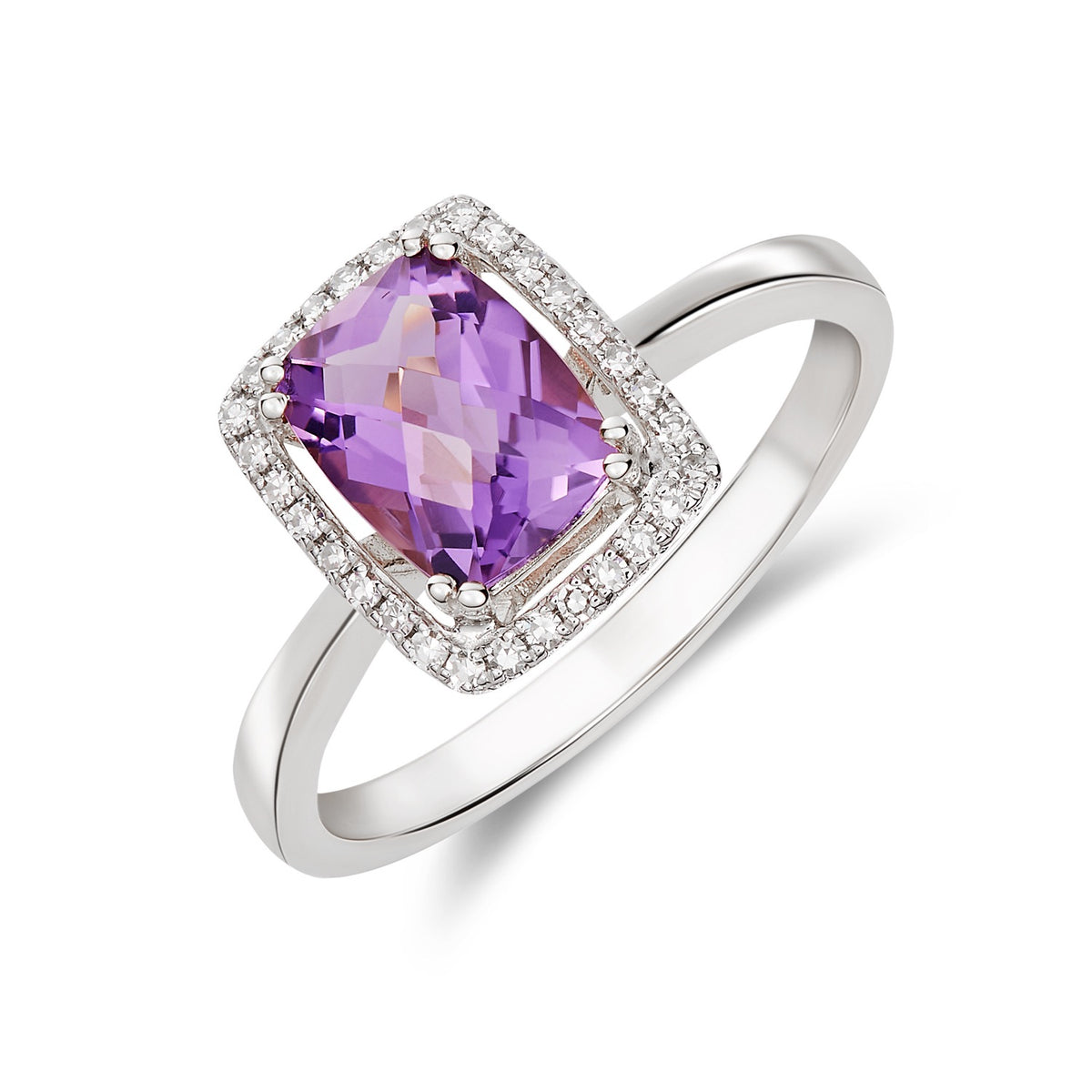 9CT WG 8X6 CUSHION CHECKERBOARD CUT AMETHYST & DIAMOND HALO CLUSTER RING