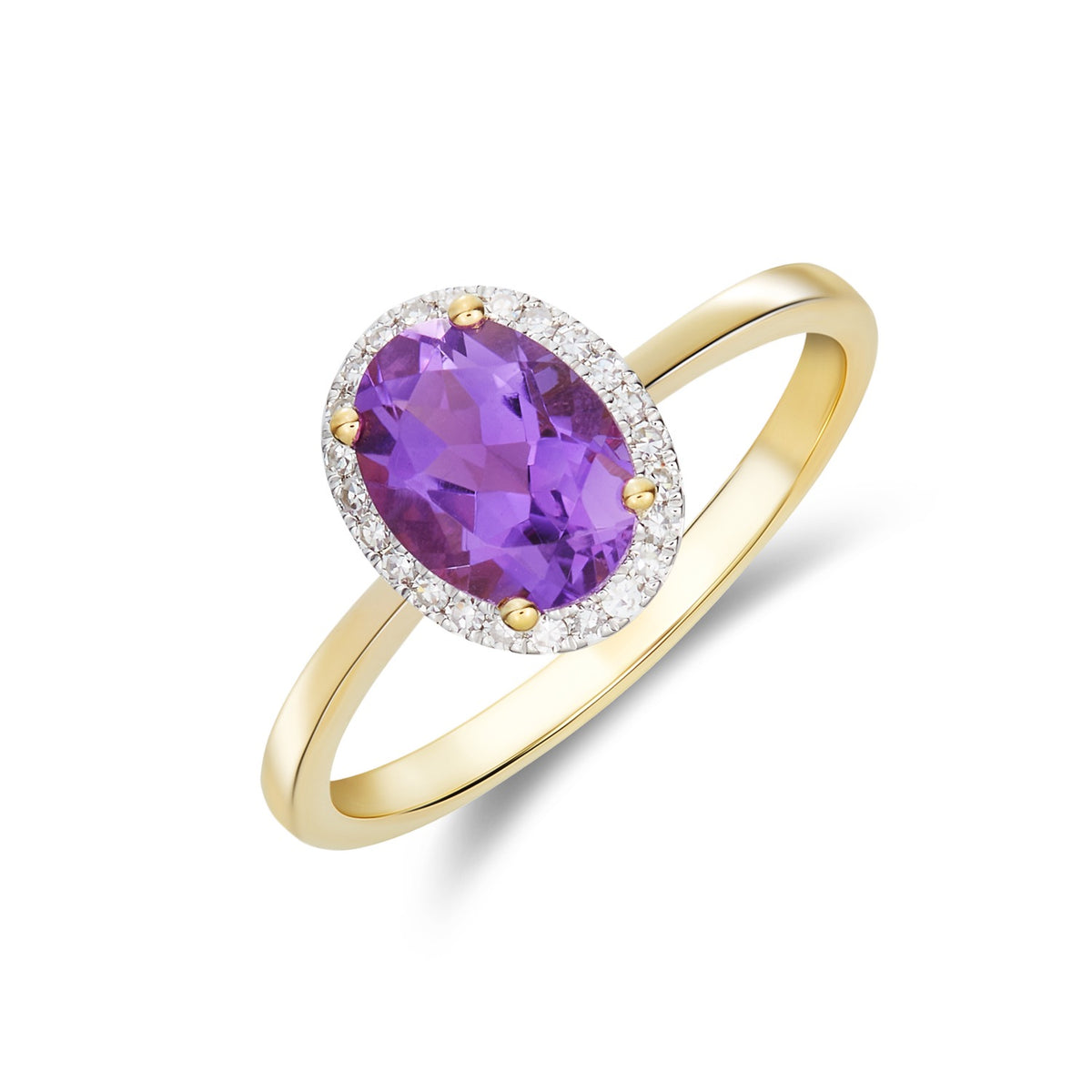 9CT YG 8X6 OVAL AMETHYST & DIAMOND CLAW SET CLUSTER RING. RHODIUM TO DIAMONDS