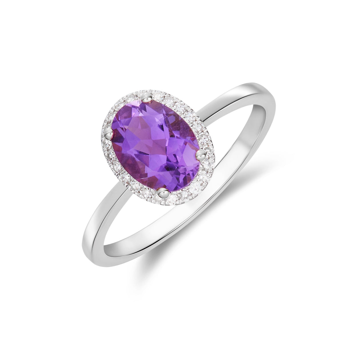 9CT WG 8X6 OVAL AMETHYST & DIAMOND CLAW SET CLUSTER RING