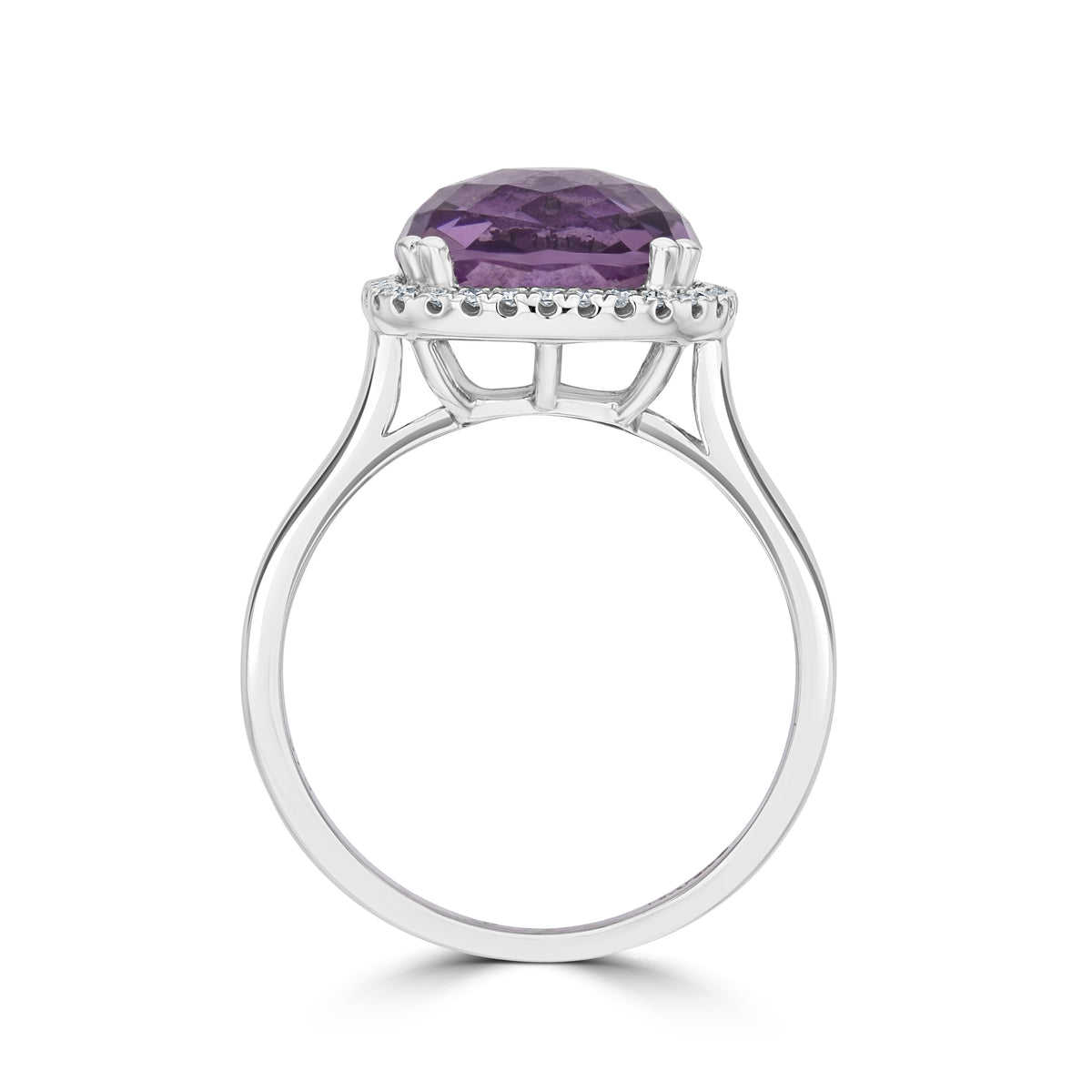 9CT WG 10MM CHECKERBOARD CUT CUSHION AMETHYST & DIAMOND CLAW SET CLUSTER RING