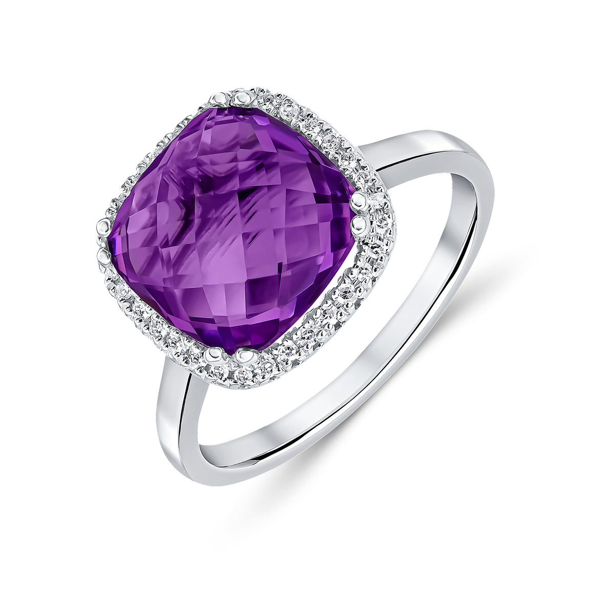 9CT WG 10MM CHECKERBOARD CUT CUSHION AMETHYST & DIAMOND CLAW SET CLUSTER RING