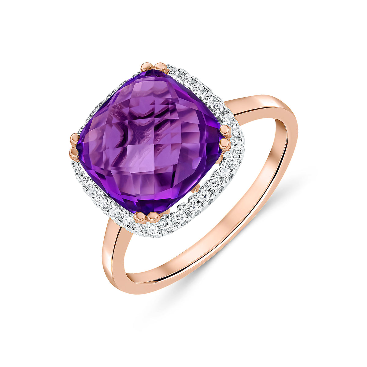9CT RG 10MM CHECKERBOARD CUT CUSHION AMETHYST & DIAMOND CLAW SET CLUSTER RING. RHODIUM TO DIAMONDS