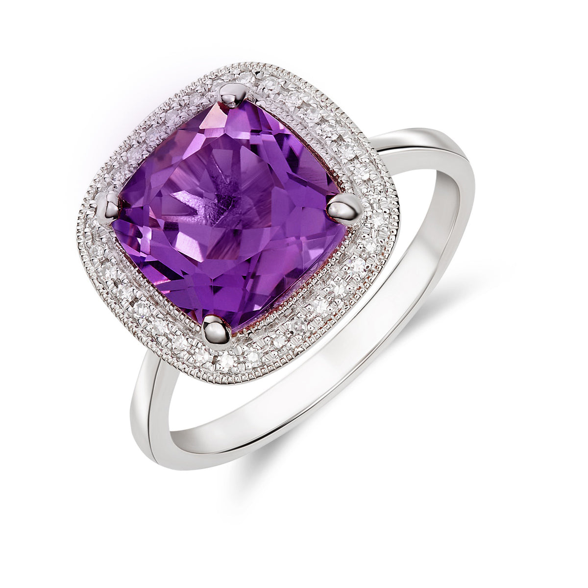 9CT WG 9MM CUSHION AMETHYST AND DIAMOND CLUSTER RING WITH MILLEGRAIN EDGE.