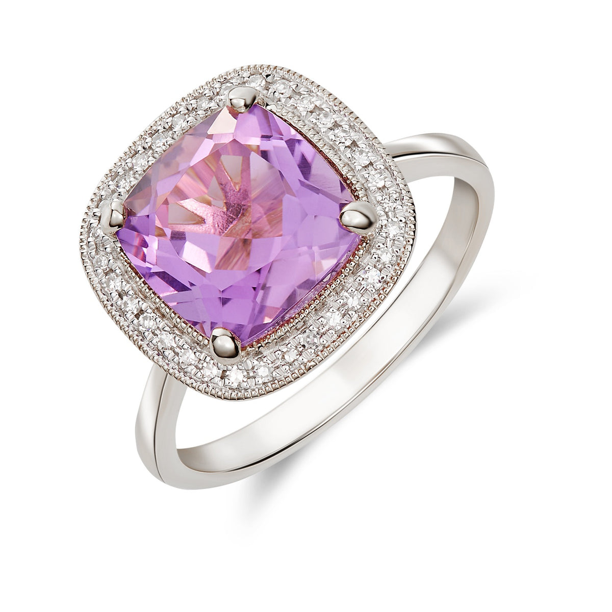 9CT WG 9MM CUSHION AMETHYST AND DIAMOND CLUSTER RING WITH MILLEGRAIN EDGE.