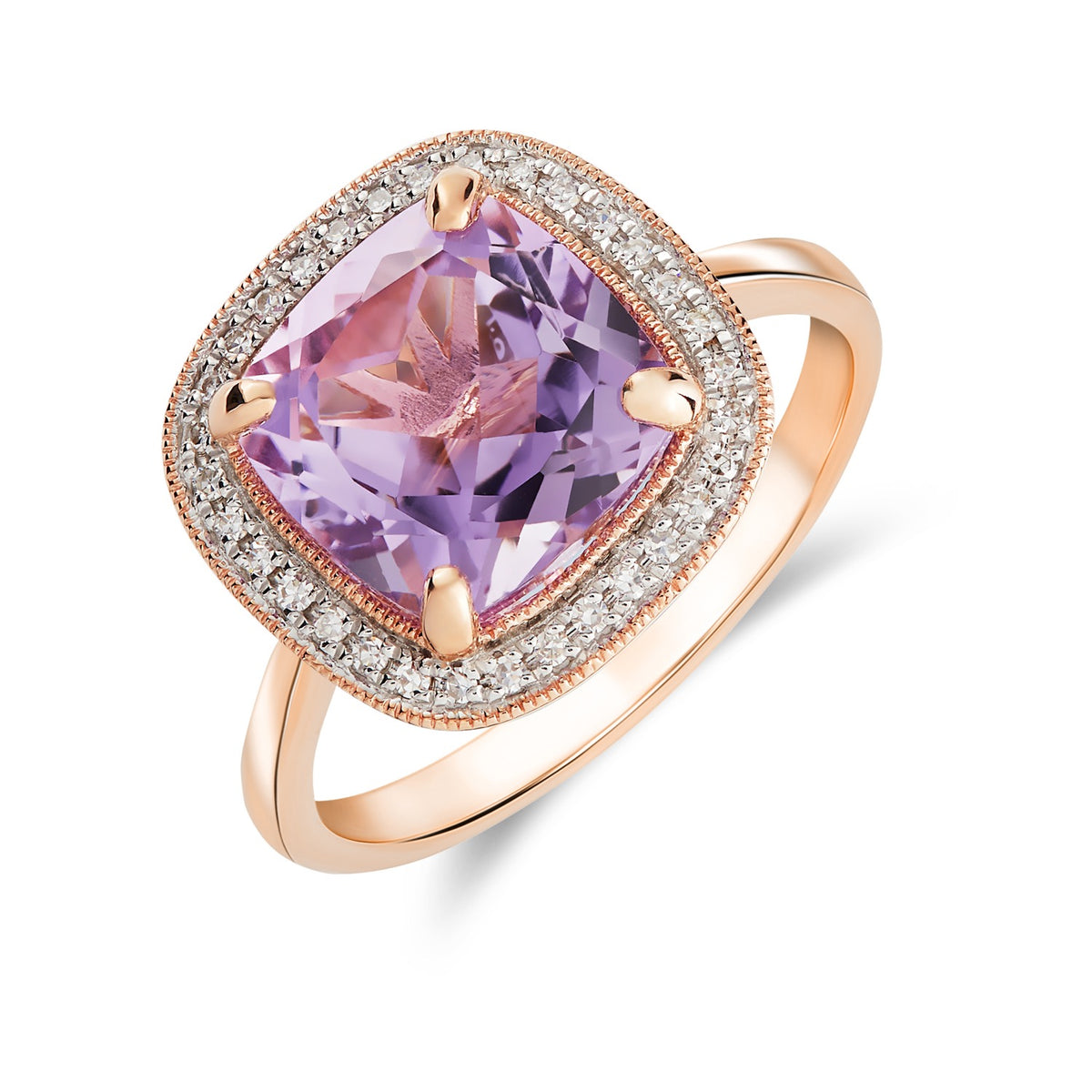 9CT RG 9MM CUSHION PINK AMETHYST AND DIAMOND CLUSTER RING WITH MILLEGRAIN EDGE. RHODIUM TO DIAMONDS