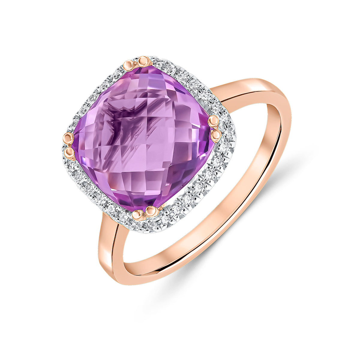 9CT RG 10MM CHECKERBOARD CUT CUSHION PINK  AMETHYST & DIAMOND CLAW SET CLUSTER RING.  RHODIUM TO DIAMONDS
