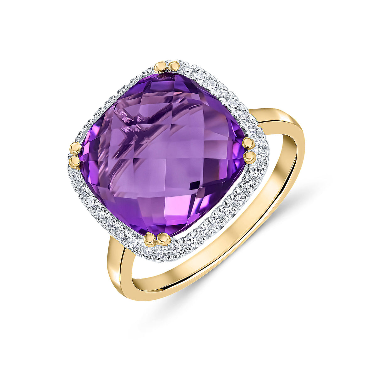 9CT YG 12MM CHECKERBOARD CUT CUSHION AMETHYST AND ROUND DIAMOND CLAW SET CLUSTER RING. RHODIUM TO DIAMONDS