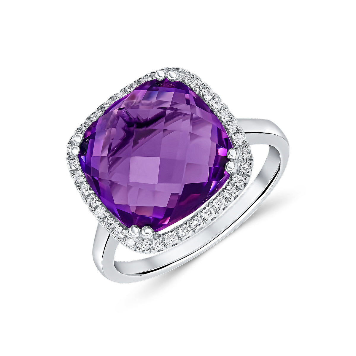 9CT WG 12MM CHECKERBOARD CUT CUSHION AMETHYST AND ROUND DIAMOND CLAW SET CLUSTER RING