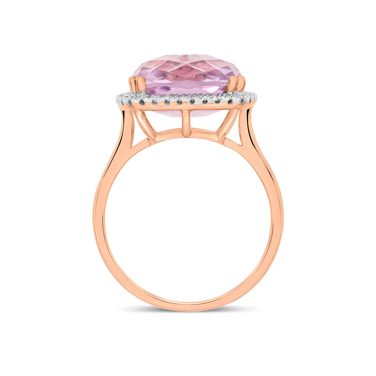 9CT RG 12MM CHECKERBOARD CUT CUSHION PINK AMETHYST AND ROUND DIAMOND CLAW SET CLUSTER RING. RHODIUM TO DIAMONDS
