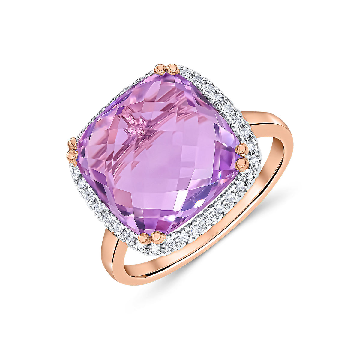9CT RG 12MM CHECKERBOARD CUT CUSHION PINK AMETHYST AND ROUND DIAMOND CLAW SET CLUSTER RING. RHODIUM TO DIAMONDS