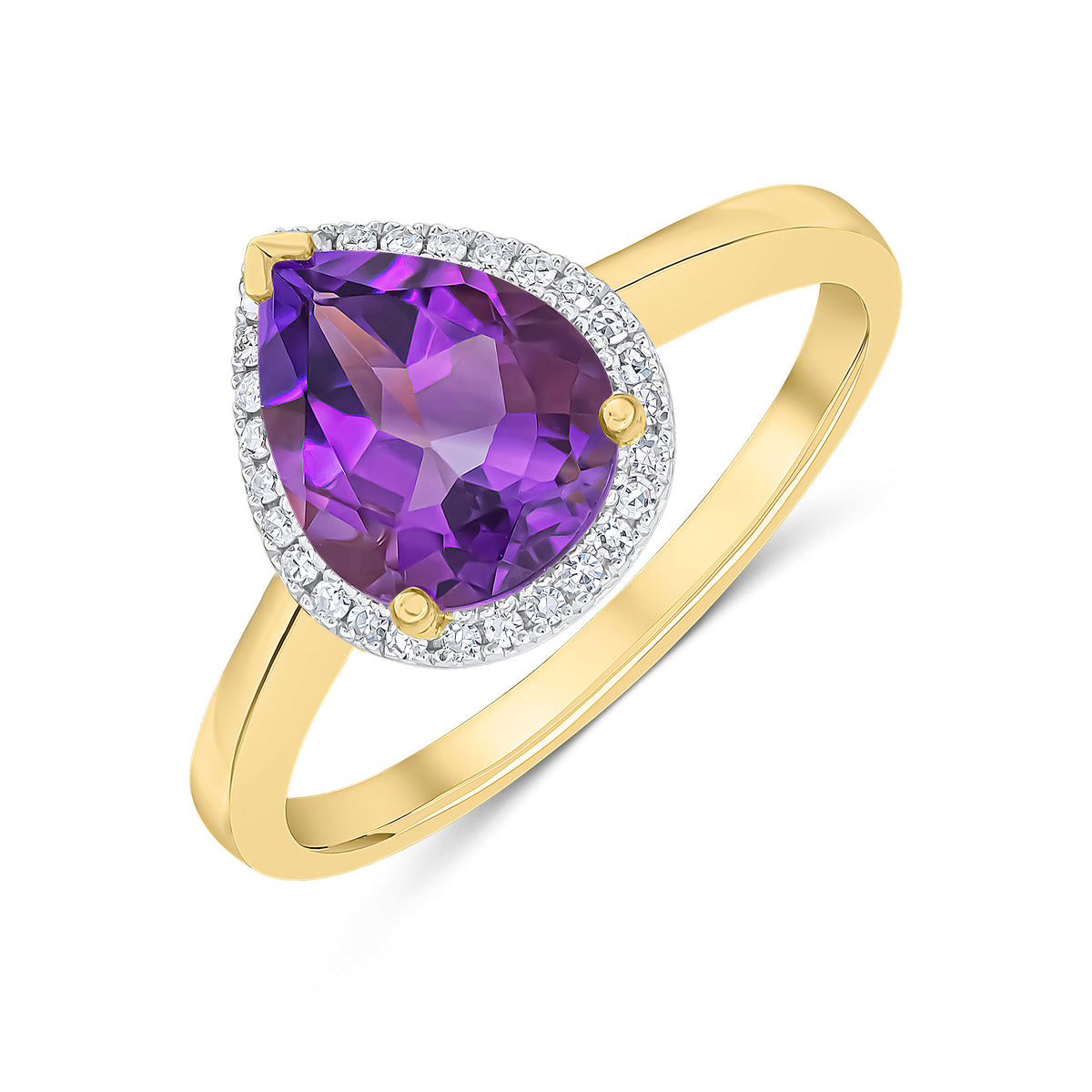 9CT YG 9X7 PEARSHAPE AMETHYST & DIAMOND CLAW SET CLUSTER RING. RHODIUM TO DIAMONDS