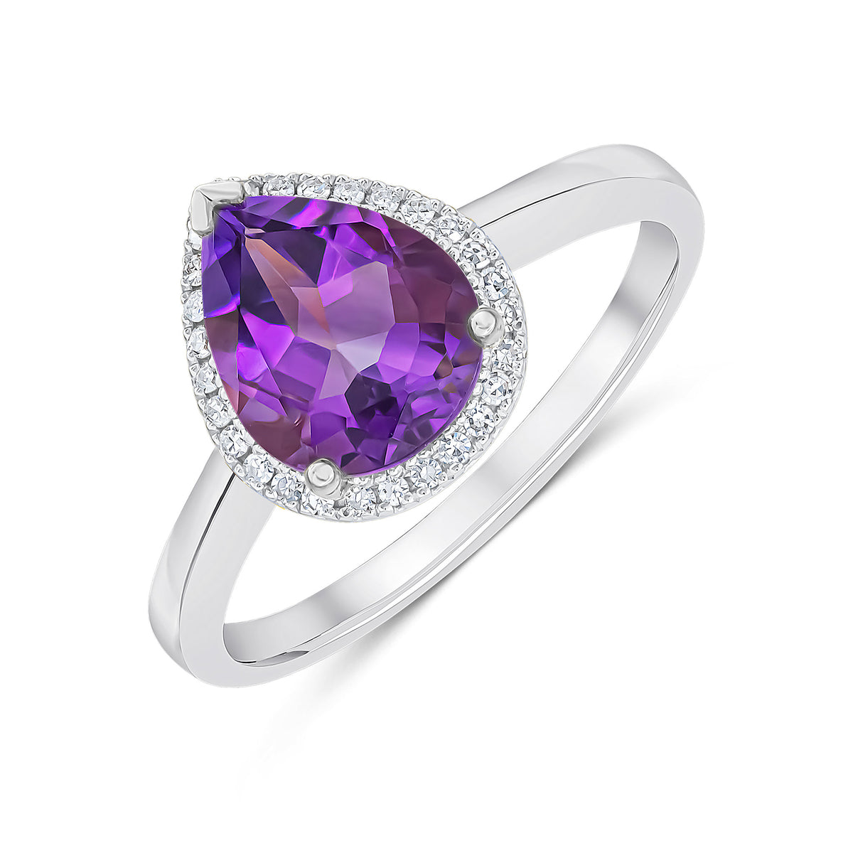 9CT WG 9X7 PEARSHAPE AMETHYST & DIAMOND CLAW SET CLUSTER RING