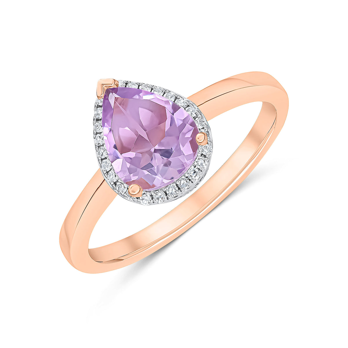 9CT RG 9X7MM PEAR PINK AMETHYST AND DIAMOND CLAW SET CLUSTER RING. RHODIUM TO DIAMONDS