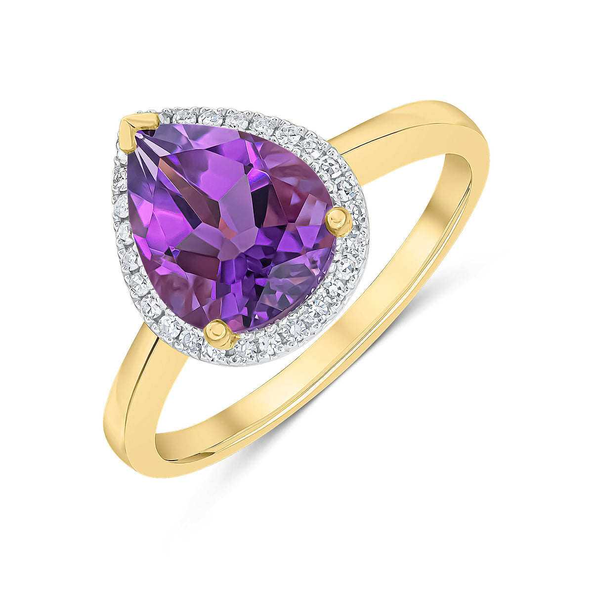 9CT YELLOW GOLD 10X8 PEARSHAPE AMETHYST & DIAMOND CLUSTER RING