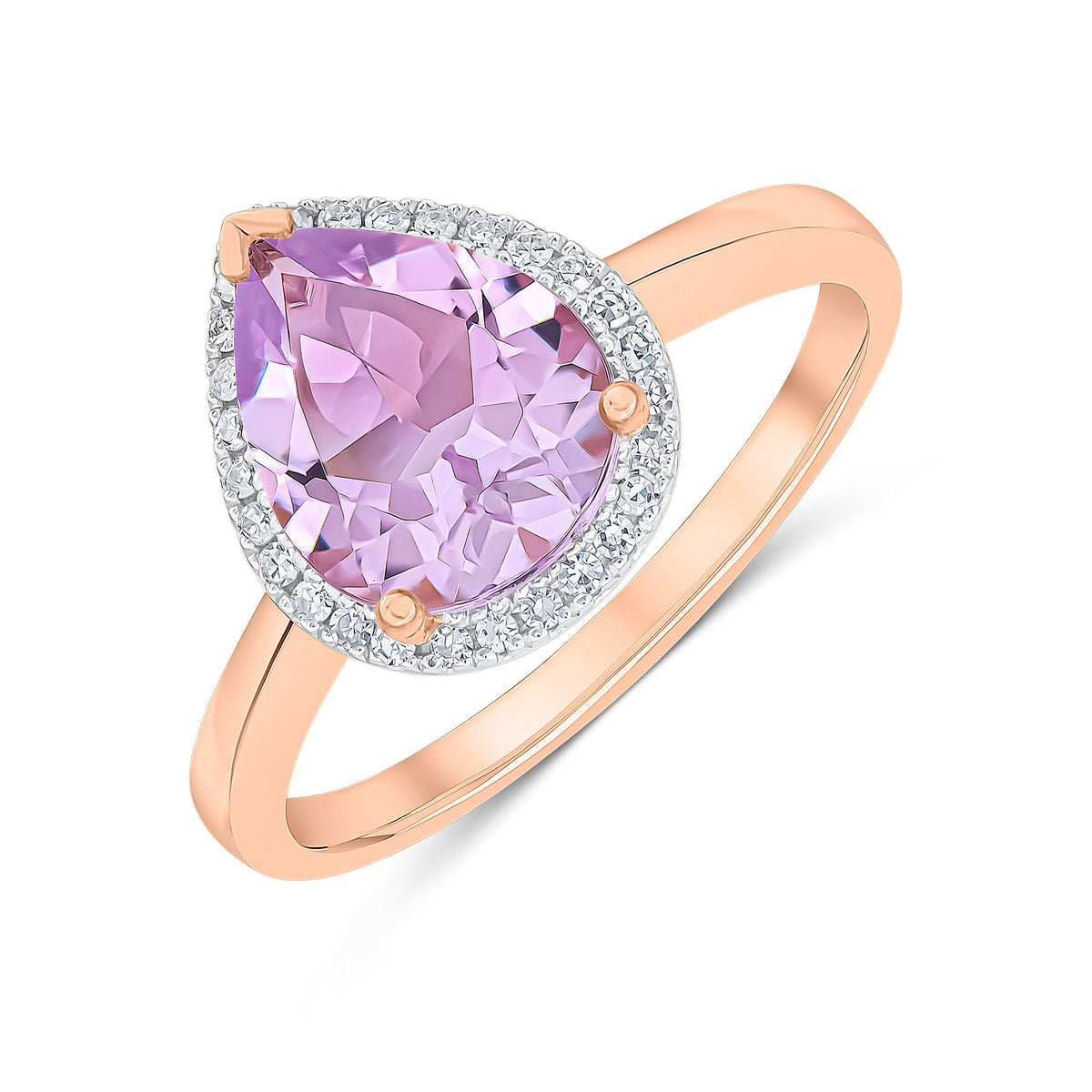 9CT RG 10X8 PEARSHAPE PINK AMETHYST & DIAMOND CLAW SET CLUSTER RING. RHODIUM TO DIAMONDS