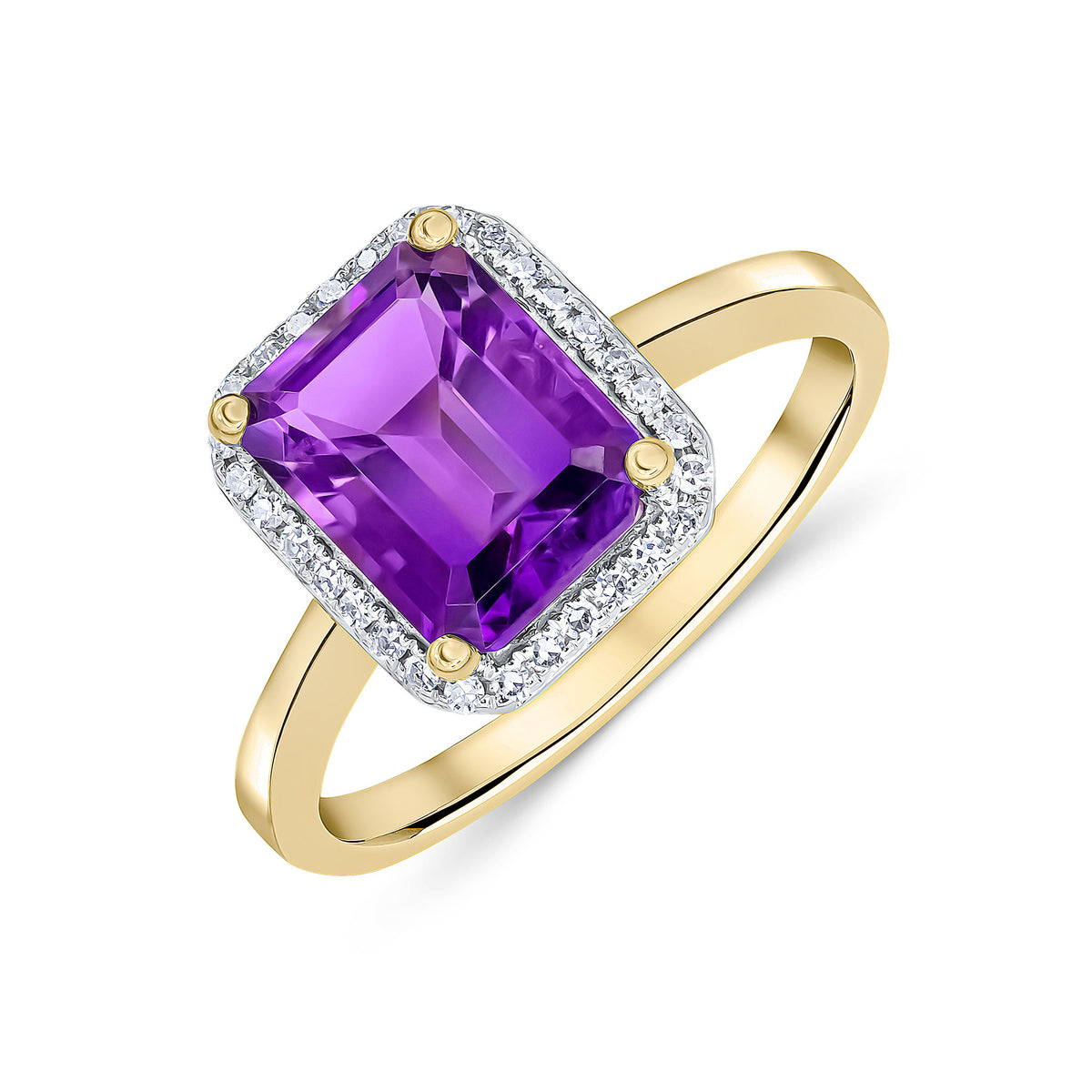 9CT YG 9X7 OCTAGON AMETHYST & DIAMOND CLAW SET CLUSTER RING. RHODIUM TO DIAMONDS