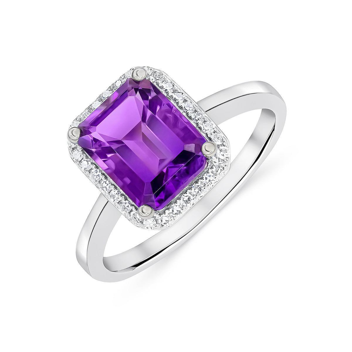 9CT WG 9X7 OCTAGON AMETHYST & DIAMOND CLAW SET CLUSTER RING
