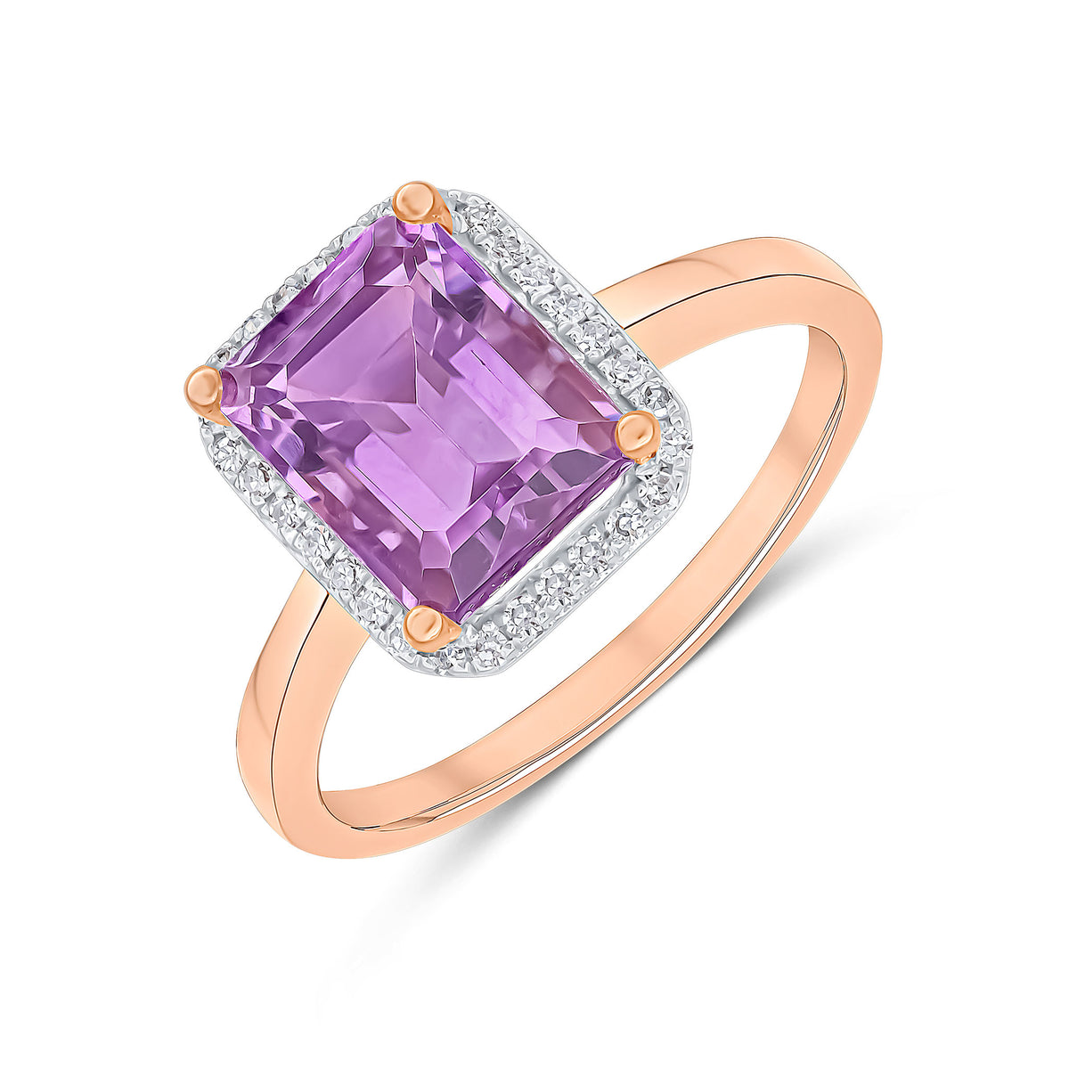 9CT RG 9X7 OCTAGONAL PINK AMETHYST & DIAMOND CLAW SET CLUSTER RING. RHODIUM TO DIAMONDS