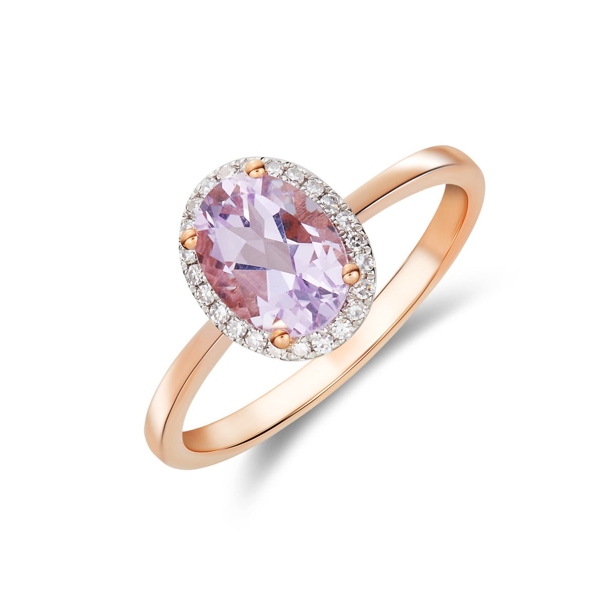 9CT RG 8X6 OVAL PINK AMETHYST & DIAMOND CLAW SET CLUSTER RING. RHODIUM TO DIAMONDS