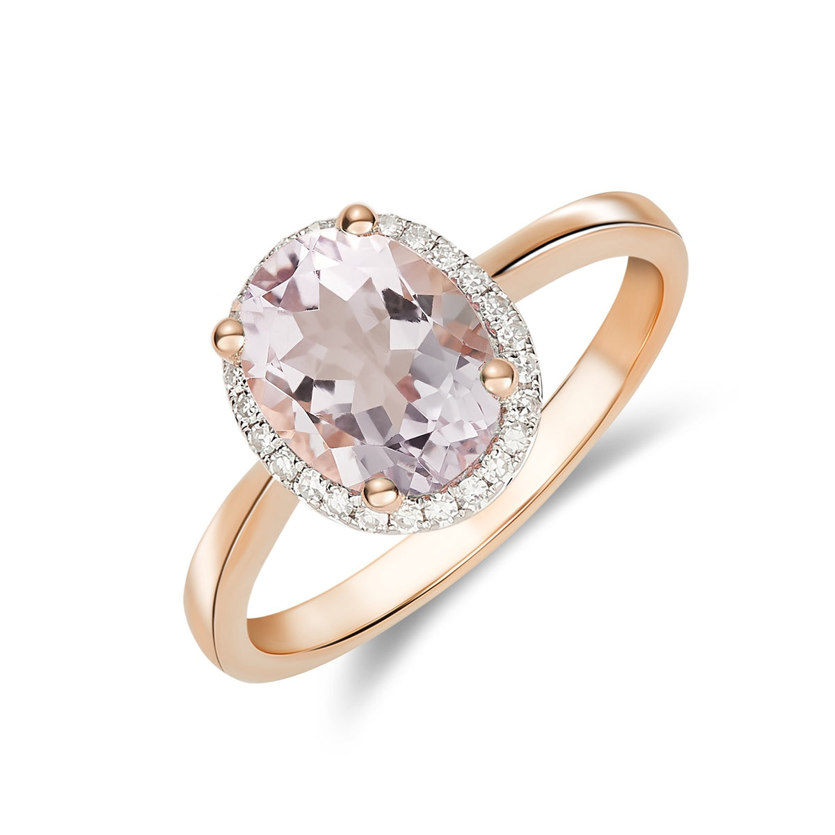 9CT RG 9X7 OVAL PINK AMETHYST & DIAMOND CLAW SET CLUSTER RING. RHODIUM TO DIAMONDS