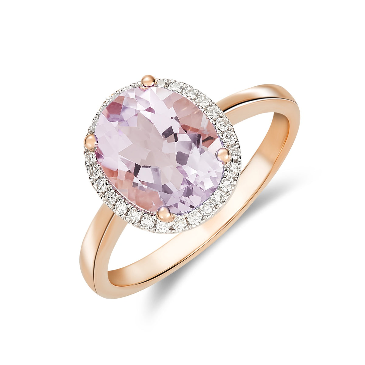 9CT RG 10X8 OVAL PINK AMETHYST & DIAMOND CLAW SET CLUSTER RING. RHODIUM TO DIAMONDS