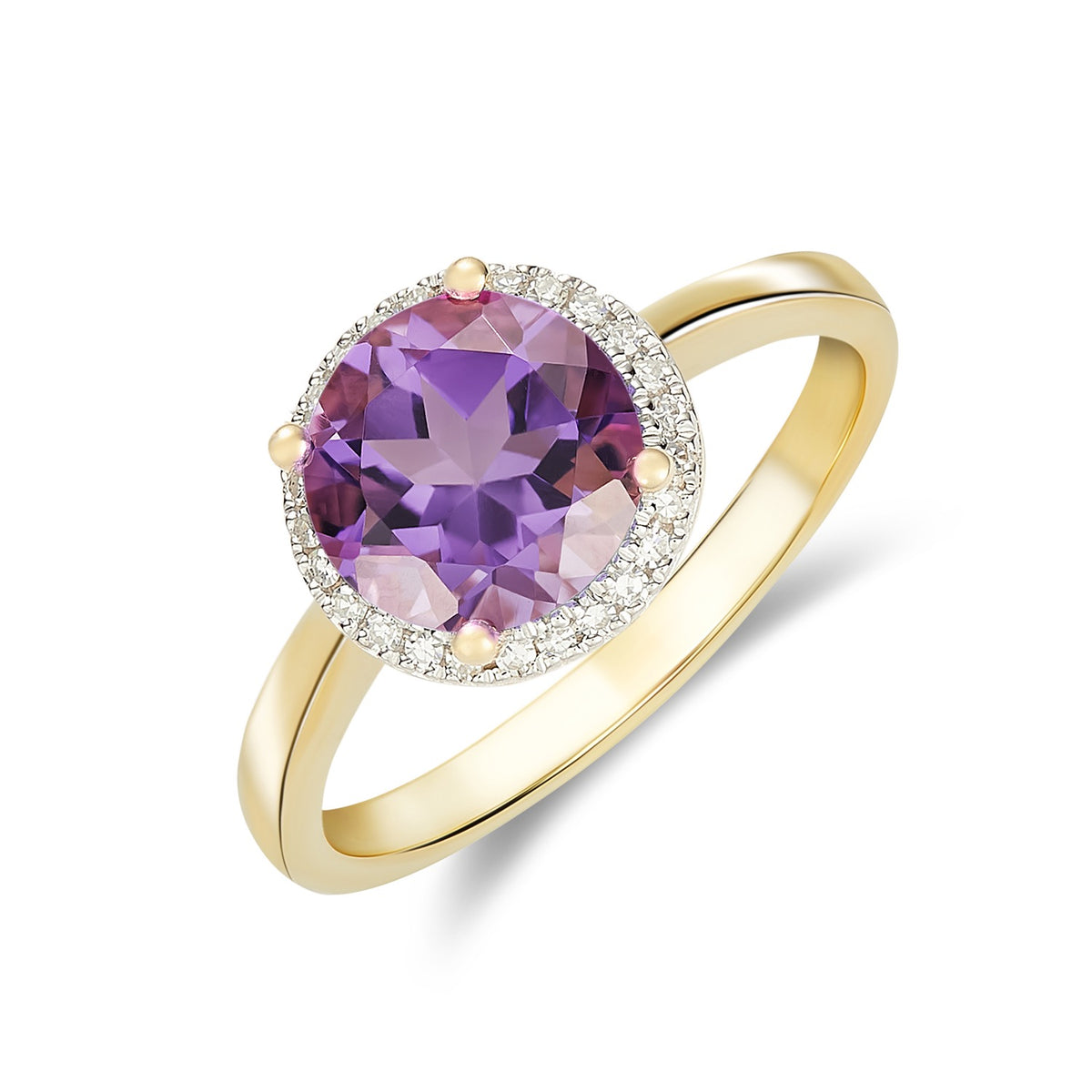 9CT YG 8MM ROUND AMETHYST AND DIAMOND CLAW CLUSTER RING. RHODIUM TO DIAMONDS