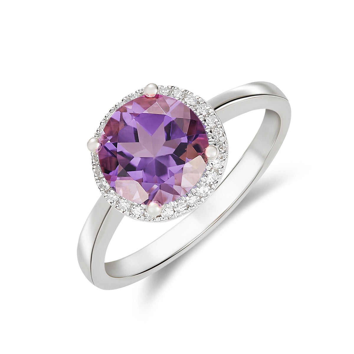 9CT WG 8MM ROUND AMETHYST AND DIAMOND CLAW CLUSTER RING
