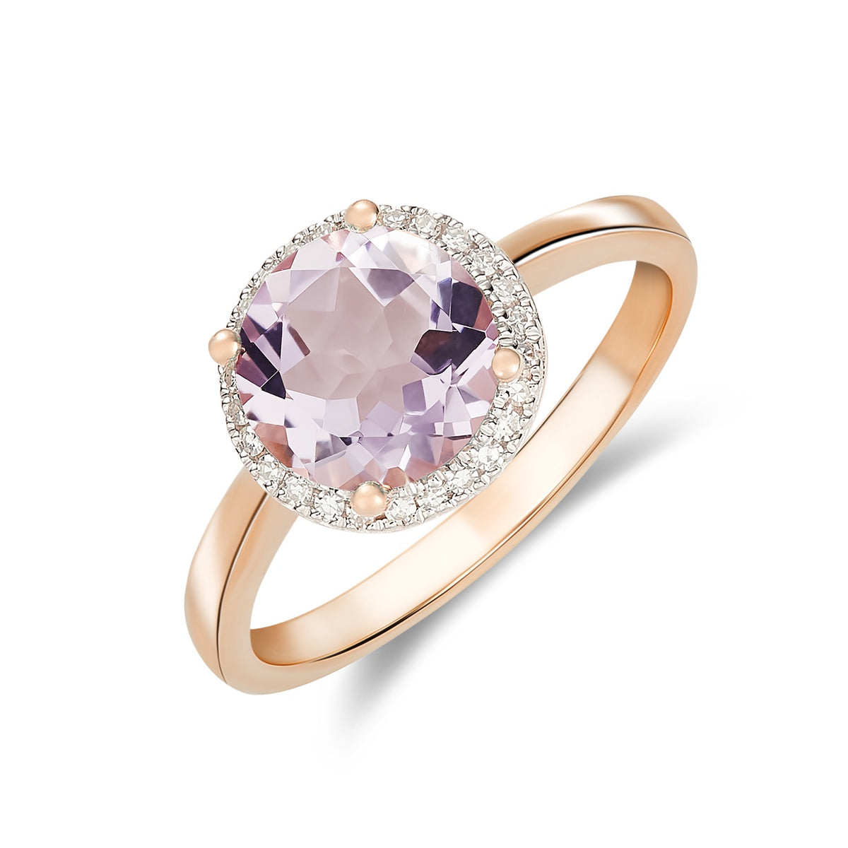 9CT RG 8MM ROUND PINK AMETHYST AND DIAMOND CLAW CLUSTER RING. RHODIUM TO DIAMONDS