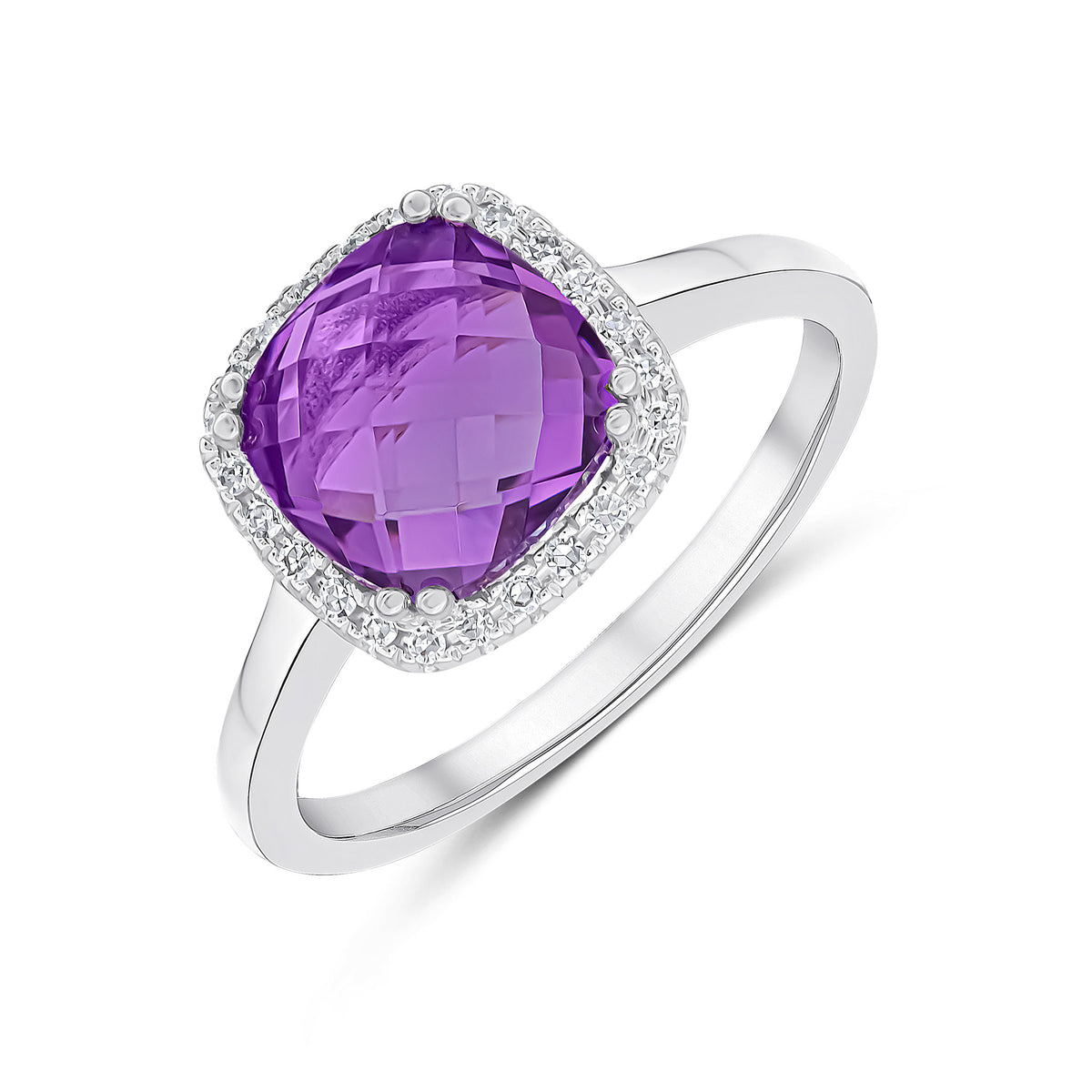 9CT WG 8MM CHECKERBOARD CUT CUSHION AMETHYST AND ROUND DIAMOND CLAW SET CLUSTER RING