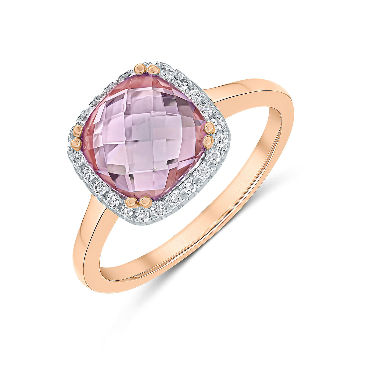 9CT RG 8MM CHECKERBOARD CUT CUSHION PINK AMETHYST AND ROUND DIAMOND CLAW SET CLUSTER RING