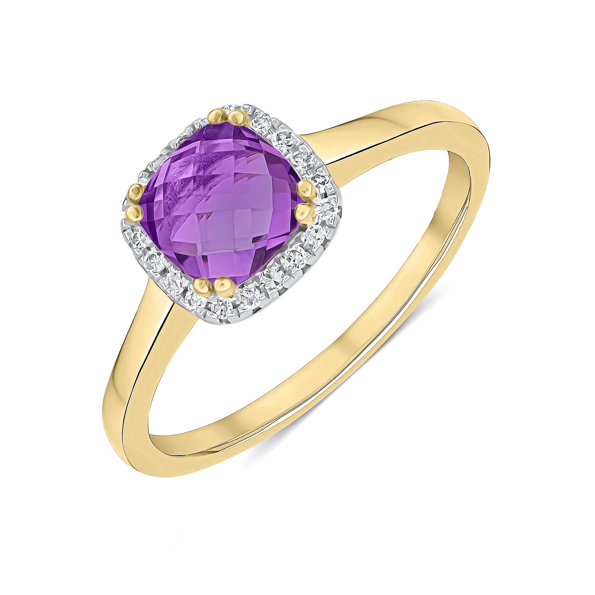 9CT YG 6MM CHECKERBOARD CUT CUSHION AMETHYST AND ROUND DIAMOND CLAW SET CLUSTER RING